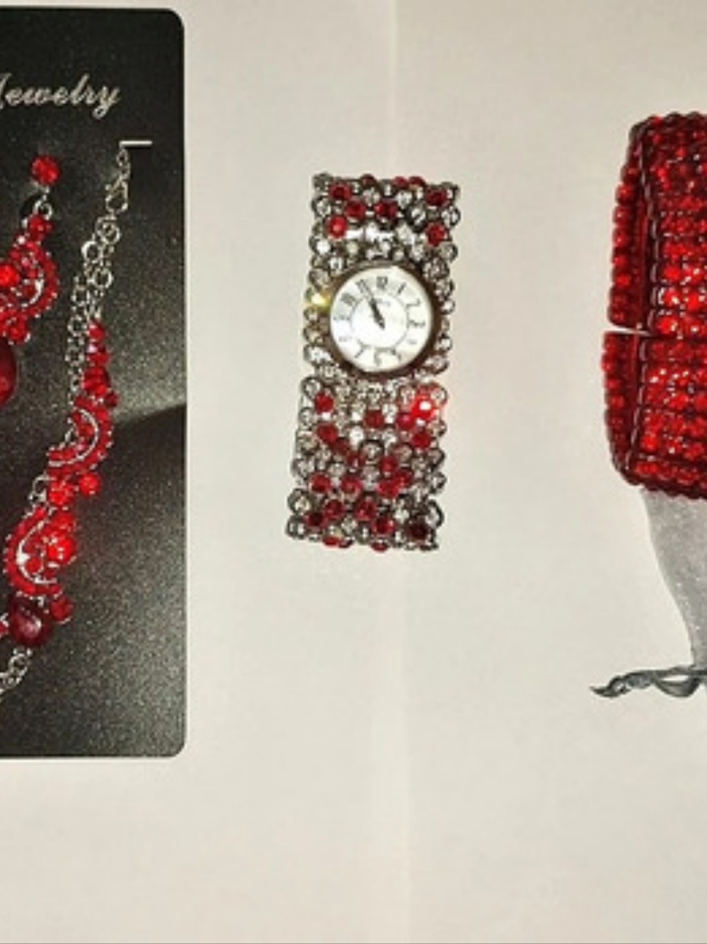 Red Rhinestone Jewelry Set& Watch